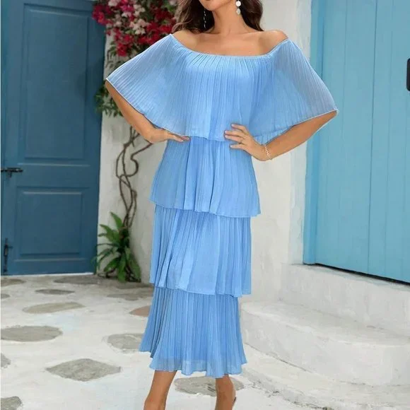 Blue Boho Womens Off Shoulder Ruffle Layered Hem Dress - Picture 2 of 3